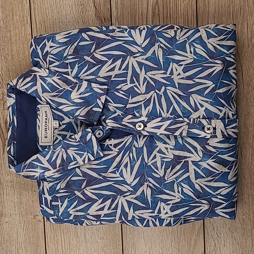 EUROPANN Saint Tropez Blue Grey Floral LINEN Sz Medium 2 Mens Long Sleeve‎ Shirt